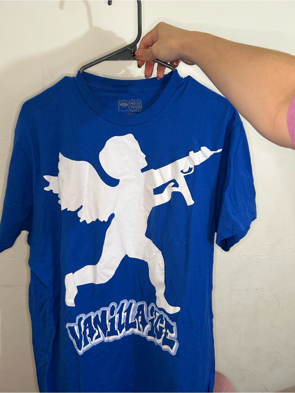 Large Blue Graphic Tee with White Angel Design